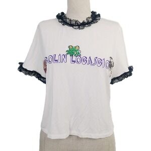 Colin Locasio White Tee Black‎ Lace Trim Embroidered Frog Pug Crop Top S Y2K